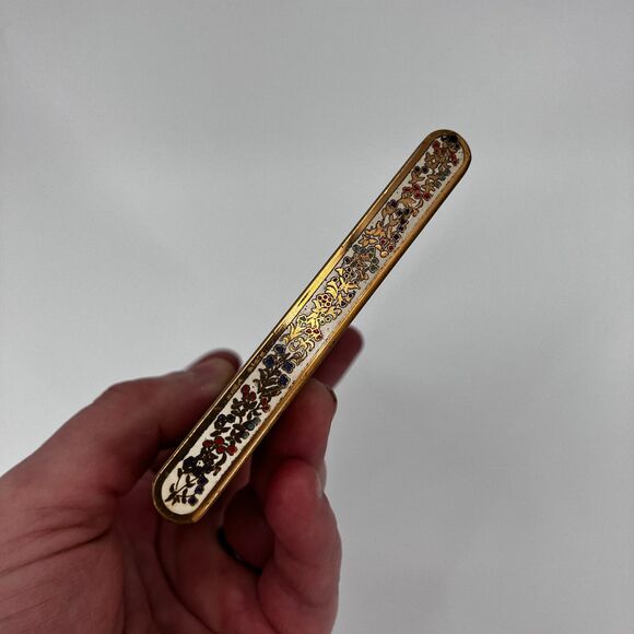 Vintage Volupte Gold Tone Enameled Hunting Scene Cigarette Case, Made in USA - Picture 3 of 10